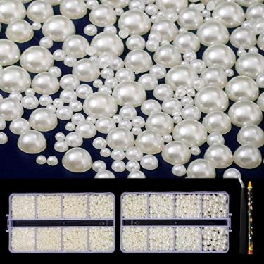 Imagem de 6540 peças de resina esbranquiçada com costas planas pérolas strass, tamanho misto 2/3/4/5/6/8/10 mm contas de pérola meia redonda pedras de strass com pinças e lápis selecionador para artesanato decoração de unhas DIY