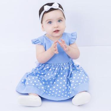 Imagem de Vestido Azul Bebê Menina com Tiara Laço 100% Algodão Mundo Nina Kids, 