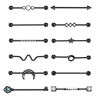 Imagem de Masedy 12 peças de brincos industriais de aço inoxidável 14 G para mulheres, homens, cartilagem industrial, piercing de andaime de 38 mm, 3,8 cm, Metal, n/a,