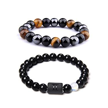 Imagem de CSIYANJRY99 Pulseiras para casais do zodíaco para homens e mulheres, 8 mm, pedra ônix preta natural hematita obsidiana tigre conjunto de pulseiras com 12 estrelas de signo constelação horóscopo yoga pulseira