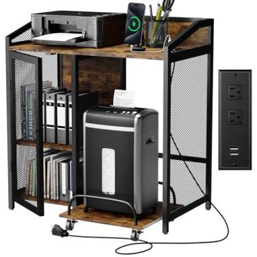 Imagem de Ryvorbe Suporte de impressora com estação de carregamento, suporte móvel para triturador – Mesa de impressora lateral de 3 níveis com prateleiras de armazenamento abertas - Gabinete de impressora para