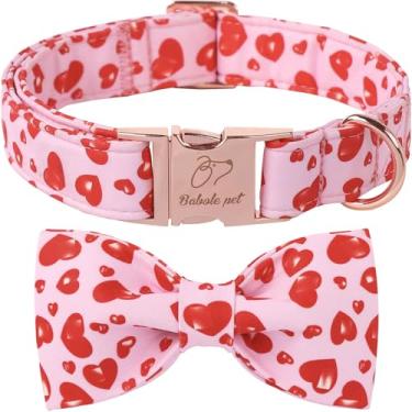Imagem de Babole Pet Coleira de cachorro com gravata borboleta, coleira rosa de algodão com coração vermelho impresso, linda gravata borboleta para filhotes de cachorro com fivela de metal ajustável, pequena