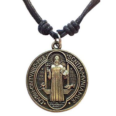 Imagem de Bijoux de Ja Colar com pingente de medalha de São Bento de Núrsia de bronze antigo ajustável com cordão encerado 40,66-76,2 cm, pingente católico religioso