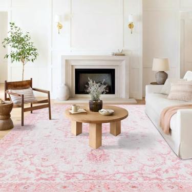 Imagem de Tapete vintage floral rosa com base antiderrapante tipo colmeia, lã sintética espessa e macia, dobrável e lavável na máquina, para sala de estar, quarto, sala de jantar, escritório, 2,44 x 3,05 m