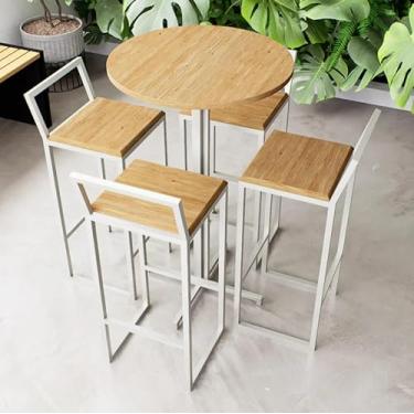 Imagem de Conjunto Mesa Alta Bar Bistrô Redonda 4 Banquetas Confort Pinus Industrial White
