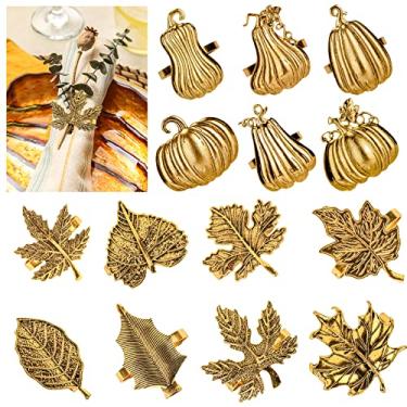Imagem de Piklodo conjunto de 14 anéis de guardanapo folha de bordo anel de guardanapo de abóbora porta-anéis de guardanapo rústicos anéis de guardanapo de ouro vintage para decorações de mesa de jant