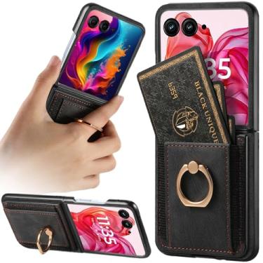 Imagem de Fofvccv Capa para Motorola Razr+ Plus 2024 / Moto Razr 60 Pro com suporte para cartão, suporte de anel giratório integrado, capa protetora flip de couro PU para Moto Razr Plus 2024/60 Pro ZCK preta