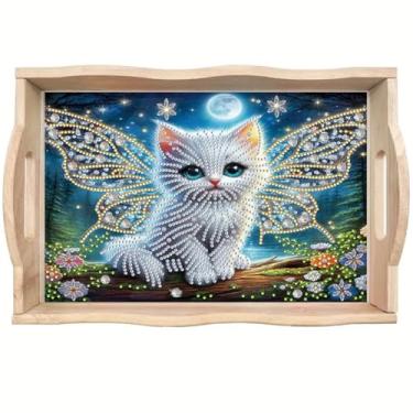 Imagem de ShuoBeiter DIY Diamond Art Tray with Handle Diamond Art Painting Plate Creative Design Handmade Wooden Tray Mosaic Making 7.8x11.8 Inches（S30)