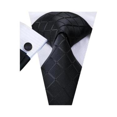 Imagem de Conjunto de Gravata e Abutões Masculinos - Seda Jacquard Preto, Branco
