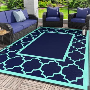 Imagem de Tapete externo GENIMO 1,5 m x 2,4 m, impermeável, para pátio, interior, exterior, palha de plástico, tapete reversível para acampamento, varanda, deck, piquenique, praia, azul-marinho e verde-jade