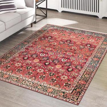 Imagem de vivorug Tapete lavável, tapete ultramacio 10 x 15 cm, tapete pequeno antiderrapante, tapetes resistentes a manchas para sala de estar e quarto, entrada, floral vintage (vermelho cerejeira/especiarias