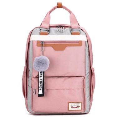 Imagem de Mochila Escolar Feminina Bicolor com Chaveiro Puff e Espaço para Noteb