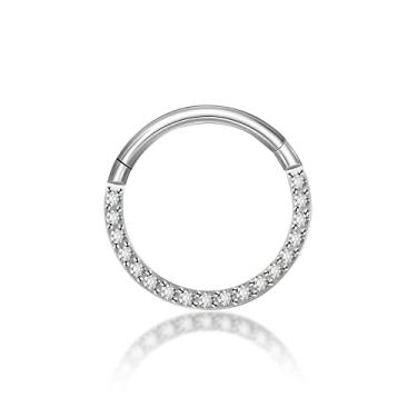 Imagem de TGNEL Brincos de titânio 16G Septo Daith Clicker Nose Ring Hoop Front Facing Surgical Steel Daith Rook Tragus Piercing Jewelry para pele sensível, brinco de argola articulada CZ lua círculo triplo