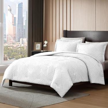 Imagem de Cleva Conjunto de edredom de jacquard recortado em casa – Conjunto de 3 peças para todas as estações, 1 edredom leve e 2 fronhas (casal, branco cristal)