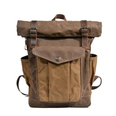 Imagem de Mochila de couro de lona encerada a óleo vintage para homens mochilas de viagem de grande capacidade mochilas masculinas para laptops de 14"(Coffce)
