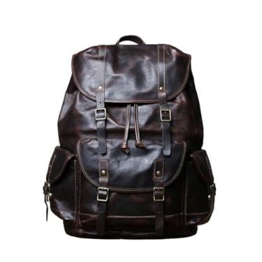 Imagem de Mochila masculina de couro genuíno vintage, mochila de couro de vaca, bolsa de viagem de grande capacidade para laptop(Dark brown)