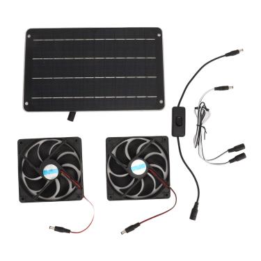 Imagem de Kit de ventilador de painel solar GRCFUMO 20W, kit de ventilador duplo solar eficiente com interruptor, kit de ventilador duplo solar de alta conversão para galinheiro de entrada