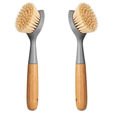 Imagem de Pacote com 2 escovas de prato de cozinha com cabo de bambu, raspador embutido, escova de esfregar para panelas, panelas, limpeza de pia de cozinha, lavar louça e escovas de limpeza são ferramentas de