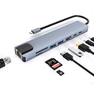 Imagem de Hub USB C Ethernet, 8 em 1 multiportas USB C para adaptador HDMI 4K, 100Mbps, 100W PD, leitor de cartão SD/TF, 2 portas USB/2 USB-C, adaptador Ethernet com HDMI 4K para MacBook Pro, iPad Air, HP, Dell