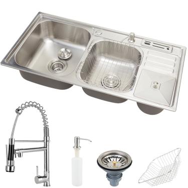 Imagem de Cuba para cozinha pia dupla em aço inox com acessórios com lixeira Nukini e Torneira Gourmet Munim pingoo.casa