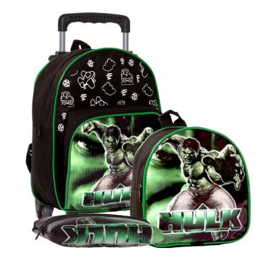 Imagem de Kit Mochila Hulk Infantil Meninos Rodinha Escolar Masculina