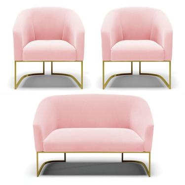 Imagem de Namoradeira E 2 Poltronas Base Industrial Dourado Stella Suede D03 - D'rossi Cor Rosa Bebê