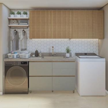 Imagem de Lavanderia Modulada com Balcão e 2 Armários Aéreos Ripados 100% Mdf Rainha