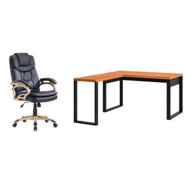 Imagem de Conjunto de Mesa em L Anah Freijó com Cadeira de Escritório Presidente Giratória com Relax Clark Preta e Dourada