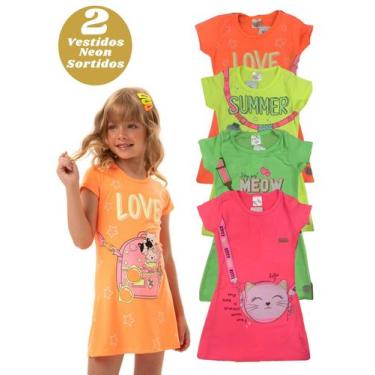 Imagem de Kit 2 Vestidos Infantil Verão Neon Menina Meia Malha Confortável Estam