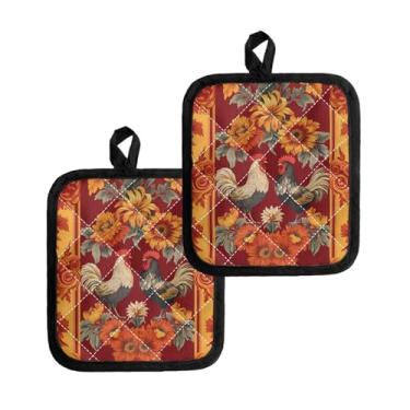 Imagem de Jndtueit Conjunto de suportes de panela de galinha preta e branca com flores vermelhas resistentes ao calor, almofadas quentes de forno antiderrapantes para cozinha, assar, cozinhar, forro acolchoado