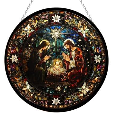 Imagem de 365CUSGIFTS Serene Nativity Mary, Joseph, tapeçarias de vitral, apanhadores solares feitos à mão, presente para amantes de gatos, amantes da natureza