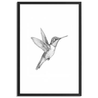 Imagem de Arte de parede vintage emoldurada preto e branco imagens de esboço de beija-flor para decoração de quarto estética - impressão em tela retrô pronta para pendurar casa de fazenda quarto sala de estar