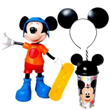 Imagem de Kit Mickey Radical com Boneco que fala com Copo de Orelhas e Tiara do Mickey Meninos Infantil Boneco Skatista