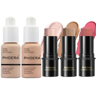 Imagem de PHOERA Foundation, kit de maquiagem com 3 peças, tons com bastão de iluminador, bastão de blush e contorno bronzeador, acabamento fosco de maquiagem PHOERA (102+103+ contorno claro/nude + pêssego