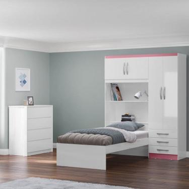 Imagem de Conjunto Infantil Guarda-Roupa com cama Lisboa 4 Portas e 3 Gavetas com Cômoda Carla 4 Gavetas Branco/Rosa