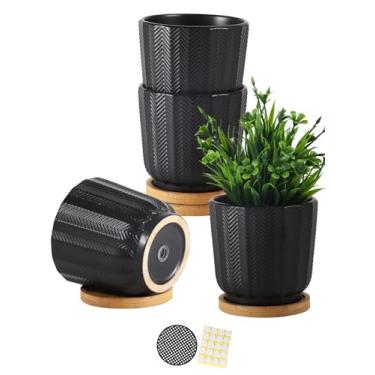 Imagem de OMAYKEY Vasos de plantas de 11 cm com pires, vasos de cerâmica preta com orifício de drenagem e almofadas de malha para suculentas, cactos, ervas - 4 pacotes (planta não incluída)