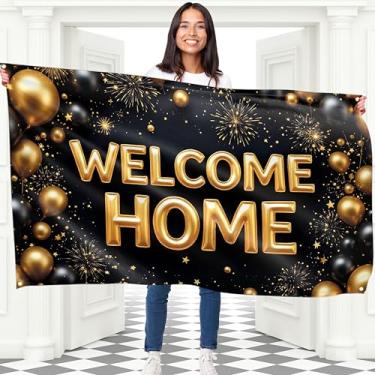 Imagem de Faixa Welcome Home - Banner Welcome Back - Decorações de boas-vindas - 1,5 m x 0,9 m com imagem do balão Welcome Home - Banner We Missed You So Much - Costura dupla (preto e dourado)