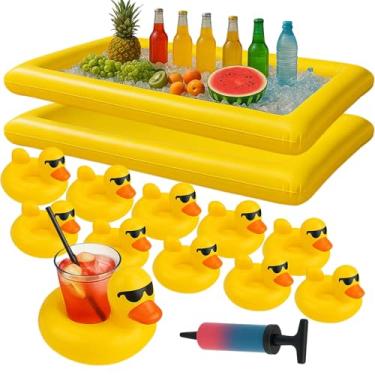 Imagem de Conjunto de bar de gelo inflável amarelo – Bandeja térmica de buffet inflável para manter os alimentos frios na mesa de festa ao ar livre, churrasco, eventos de piquenique, suporte de bebida, piscina
