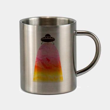 Imagem de Caneca de Inox Premium Prateada 400ml NAVE ALIEN ABDUCAO VACA COLORIDO