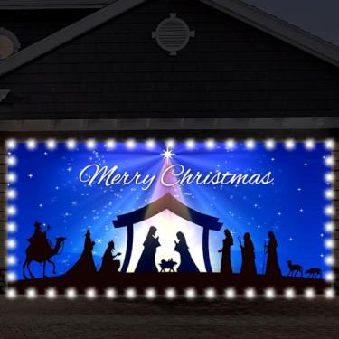 Imagem de Preboun Faixa religiosa para porta de garagem de Natal do presépio com luz LED, 1,8 x 4 m Grande cena de manjedoura iluminada pano de fundo azul de Natal, faixa de garagem de Jesus, faixa de pendurar para férias ao ar livre