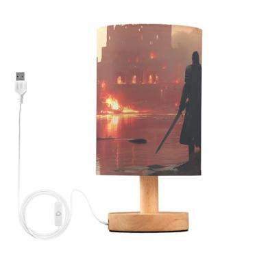 Imagem de Joisal Cavaleiro com Espada em Cena de Fogo Candeeiros de Mesa Lateral de Quarto Abajur Amigável aos Olhos Pequeno Candeeiro de Criado-mudo, Candeeiro de Mesa Lateral