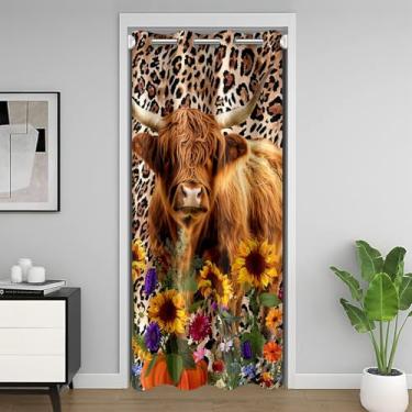 Imagem de Cortina de porta de flor rústica 132 cm L x 203 cm C, cortina de porta temporária de gado ocidental com estampa de leopardo, cortina de porta de vaca Highland para crianças, meninos, meninas e