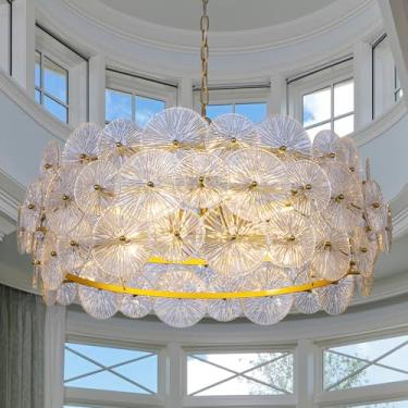 Imagem de TOCHIC Lustre Grande De Vidro 32,7" D, Luminária Pendente Redonda Moderna Em Tambor Dourado Para Sala Jantar E Estar, Texturizado Luxo 3 Níveis, Teto Alto, Quarto Cozinha
