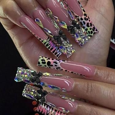 Imagem de RTKHFZE Unhas Postiças Quadradas De Pressão Longa Extragrande, Rosa, Cobertura Total, Cola Com Strass E Laço, Acrílico Brilhante, Falsas, Extra Para Mulheres (Francesinha Oncinha)