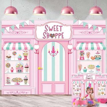 Imagem de Sweet Shoppe pano de fundo 2,8 x 1,8 m rosquinha rosa sorvete doce loja fotografia fundo meninas decoração de mesa de bolo festa de aniversário