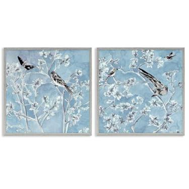 Imagem de Stupell Industries Conjunto de arte giclée emoldurado cinza com pássaros de serenidade cunhada sobre azul por Melissa Wang, 43 x 43 cm