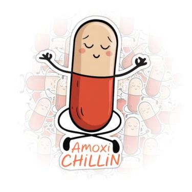 Imagem de 3 peças adesivos Amoxi Chillin presentes engraçados medicação trocadilho desenho animado pílula antibiótico design de ioga para farmacêuticos e estudantes de medicina decalque de carro para laptop