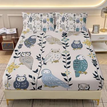 Imagem de AILONEN Jogo de cama solteiro com estampa de coruja, flor de folha, tema animal fofo, pássaro fofo, microfibra macia, para crianças, meninas, 1 lençol com elástico e 2 fronhas, todas as estações