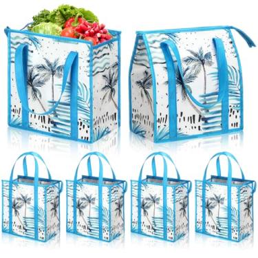 Imagem de Paterr 6 sacos de compras isolados reutilizáveis de verão dobráveis com zíper superior grande Hawaii Cooler sacolas de compras resistentes com alça inferior reforçada para entrega de comida quente e