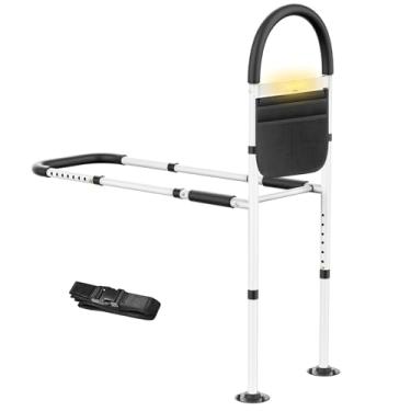 Imagem de weneasker Trilhos de cama para segurança de adultos idosos, luz com sensor de movimento, bolsa de armazenamento com vários compartimentos, ajustável, trilho de cama para idosos, deficientes, mulheres